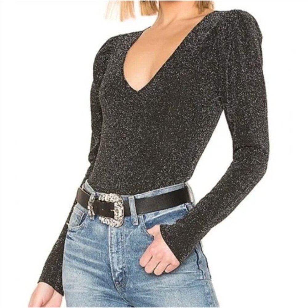 PAIGE Womens Small‎ Metallic Lurex Samina Puffed Shoulder Bodysuit Long Sleeve